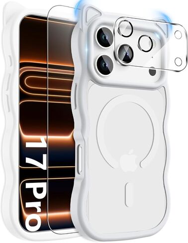 3 in 1 Magnetic for iPhone 17 Pro Max Case for Women Girls,1X Screen Protector+1X Camera Lens Protector,Compatible with MagSafe,Translucent Matte,Cute Cat-ear Wavy Phone Case,6.9",Bright Orange in Saudi Arabia