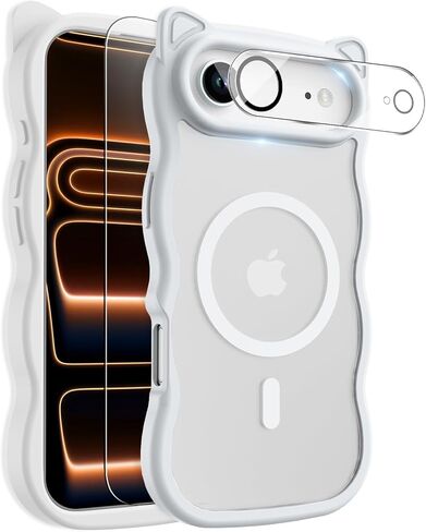 3 in 1 Magnetic for iPhone 17 Pro Max Case for Women Girls,1X Screen Protector+1X Camera Lens Protector,Compatible with MagSafe,Translucent Matte,Cute Cat-ear Wavy Phone Case,6.9",Bright Orange in Saudi Arabia