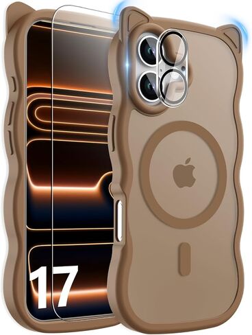 3 in 1 Magnetic for iPhone 17 Pro Max Case for Women Girls,1X Screen Protector+1X Camera Lens Protector,Compatible with MagSafe,Translucent Matte,Cute Cat-ear Wavy Phone Case,6.9",Bright Orange in Saudi Arabia