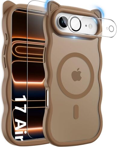 3 in 1 Magnetic for iPhone 17 Pro Max Case for Women Girls,1X Screen Protector+1X Camera Lens Protector,Compatible with MagSafe,Translucent Matte,Cute Cat-ear Wavy Phone Case,6.9",Bright Orange in Saudi Arabia