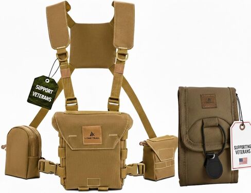 حزمة الصدر من Lone Trail Binocular Harness - حزام بينو مقاوم للماء مع إغلاق مغناطيسي صامت + حقيبة مرنة كبيرة لضبط المدى (بني ذئب البراري) in Kuwait