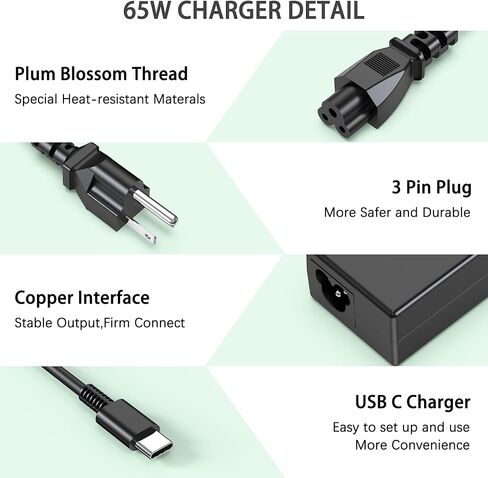 شاحن Chromebook 65 وات USB من النوع C متوافق مع HP وAcer وAsus وDell وLenovo وSamsung وGoogle Laptops وشاحن الكمبيوتر وسلك الطاقة من النوع C in Kuwait
