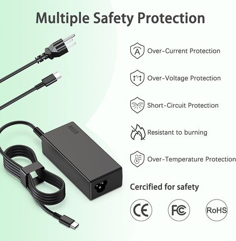 شاحن Chromebook 65 وات USB من النوع C متوافق مع HP وAcer وAsus وDell وLenovo وSamsung وGoogle Laptops وشاحن الكمبيوتر وسلك الطاقة من النوع C in Kuwait