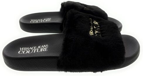 Versace Jeans Couture Black Faux Fur Signature Slides- for Womens in Saudi Arabia
