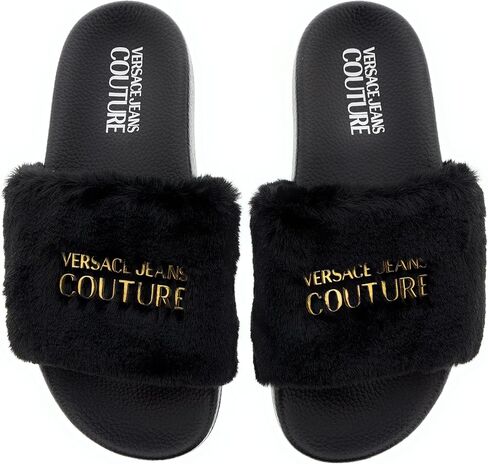 Versace Jeans Couture Black Faux Fur Signature Slides- for Womens in Saudi Arabia