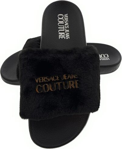 Versace Jeans Couture Black Faux Fur Signature Slides- for Womens in Saudi Arabia