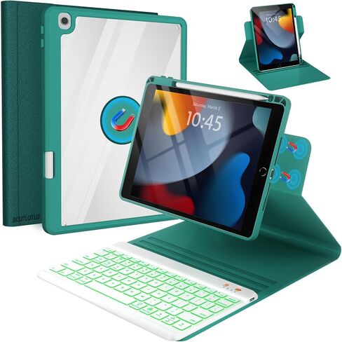 حافظة BLUTLOTUS لجهاز iPad iPad 9th 8th 7th Generation مع لوحة مفاتيح - غطاء فوليو مغناطيسي قابل للدوران 360 درجة 2021/2020/2019، لوحة مفاتيح بإضاءة خلفية قابلة للفصل بـ 7 ألوان مع حامل أقلام - أزرق مخضر in Kuwait