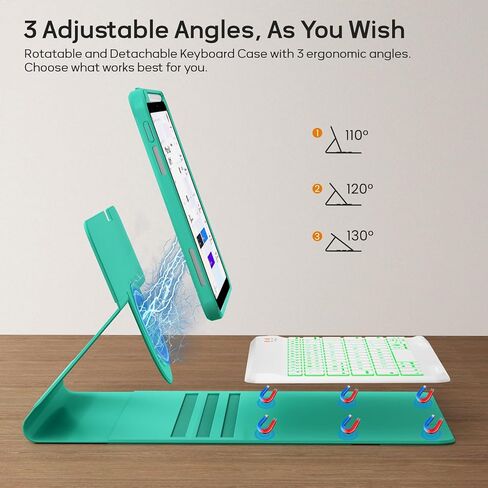 حافظة BLUTLOTUS لجهاز iPad iPad 9th 8th 7th Generation مع لوحة مفاتيح - غطاء فوليو مغناطيسي قابل للدوران 360 درجة 2021/2020/2019، لوحة مفاتيح بإضاءة خلفية قابلة للفصل بـ 7 ألوان مع حامل أقلام - أزرق مخضر in Kuwait