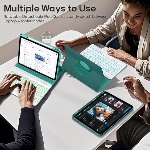 حافظة BLUTLOTUS لجهاز iPad iPad 9th 8th 7th Generation مع لوحة مفاتيح - غطاء فوليو مغناطيسي قابل للدوران 360 درجة 2021/2020/2019، لوحة مفاتيح بإضاءة خلفية قابلة للفصل بـ 7 ألوان مع حامل أقلام - أزرق مخضر in Kuwait