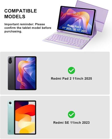 Keyboard Case for Xiaomi Redmi Pad 2 11 Inch 2025 & Redmi Pad SE 11 Inch 2023 Case with Backlit Keypad, Detachable Wireless Keyboard Cover with Colors Backlight, Pen Holder, Long Battery Life, Purple in Kuwait