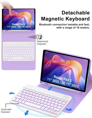 Keyboard Case for Xiaomi Redmi Pad 2 11 Inch 2025 & Redmi Pad SE 11 Inch 2023 Case with Backlit Keypad, Detachable Wireless Keyboard Cover with Colors Backlight, Pen Holder, Long Battery Life, Purple in Kuwait