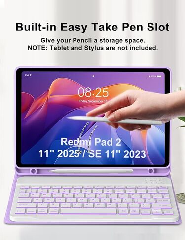 Keyboard Case for Xiaomi Redmi Pad 2 11 Inch 2025 & Redmi Pad SE 11 Inch 2023 Case with Backlit Keypad, Detachable Wireless Keyboard Cover with Colors Backlight, Pen Holder, Long Battery Life, Purple in Kuwait