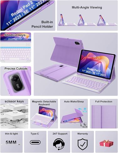 Keyboard Case for Xiaomi Redmi Pad 2 11 Inch 2025 & Redmi Pad SE 11 Inch 2023 Case with Backlit Keypad, Detachable Wireless Keyboard Cover with Colors Backlight, Pen Holder, Long Battery Life, Purple in Kuwait