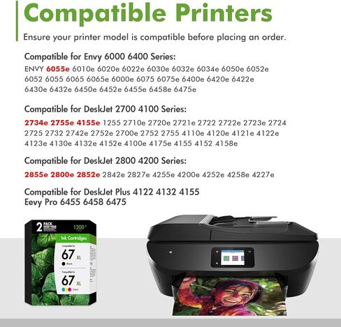 67 67xl خراطيش حبر أسود/لون حزمة كومبو 2800e 2755e متوافقة مع HP67 XL Deskjet 2800e 6055e 2855e 2755e 6000 4255e 2700 4155e 2827e 2700e 6400 6458 6458e طابعة 6455e (1 أسود، 1 ثلاثية الألوان) in Kuwait