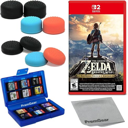 The Legend of Zelda: Breath of the Wild لجهاز Nintendo Switch 2 Edition (الإصدار الأمريكي)، مع مقابض الإبهام PremGear (8 عبوات، 3 ألوان، ارتفاعان - 3 مم، 7 مم)، حامل بطاقات ألعاب 24 فتحة وقطعة قماش للتنظيف in Kuwait