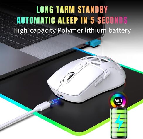 ماوس ألعاب لاسلكي من Bewinner، وضع مزدوج 2.4G Bluetooth 5.1 PC Gaming، ماوس ضوئي قابل للتعديل 4800DPI، كمبيوتر مريح بإضاءة خلفية RGB للكمبيوتر المحمول (أبيض) in Kuwait
