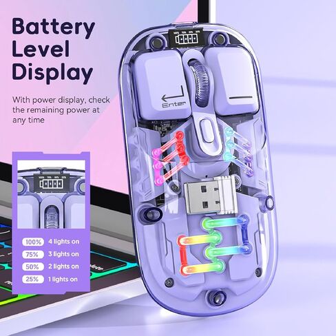ماوس Cuifati بلوتوث شفاف، BT5.0 2.4G وضع USB ماوس ألعاب بصري RGB، ماوس كتم صوت قابل لإعادة الشحن بغطاء كريستالي شفاف للكمبيوتر المحمول والكمبيوتر اللوحي in Kuwait