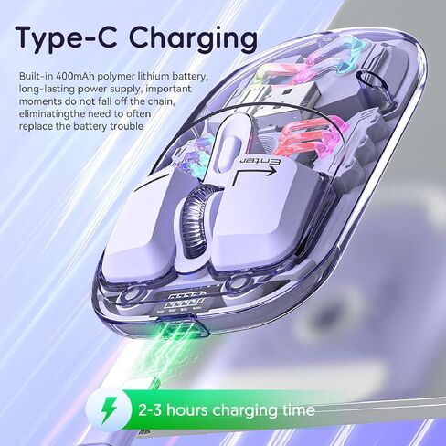 ماوس Cuifati بلوتوث شفاف، BT5.0 2.4G وضع USB ماوس ألعاب بصري RGB، ماوس كتم صوت قابل لإعادة الشحن بغطاء كريستالي شفاف للكمبيوتر المحمول والكمبيوتر اللوحي in Kuwait