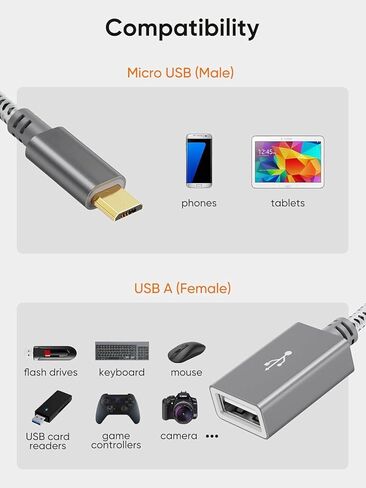 محول USB إلى Micro USB، 0.15 متر، ذكر إلى أنثى، لأجهزة Micro-B، محرك فلاش، ماوس، لوحة مفاتيح، وحدة تحكم في الألعاب، ألومنيوم رمادي فضائي in Kuwait