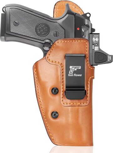 حافظة جلدية GUN & FLOWER IWB لـ Beratta 92FS/ 96 / M9 (بدون سكة)، قطع بصري، حامل مخفي داخل حزام الخصر، يناسب أحزمة مقاس 1.5 بوصة - 1.75 بوصة، Adj. الاحتفاظ، براون، اليد اليمنى in Kuwait