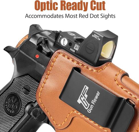 حافظة جلدية GUN & FLOWER IWB لـ Beratta 92FS/ 96 / M9 (بدون سكة)، قطع بصري، حامل مخفي داخل حزام الخصر، يناسب أحزمة مقاس 1.5 بوصة - 1.75 بوصة، Adj. الاحتفاظ، براون، اليد اليمنى in Kuwait