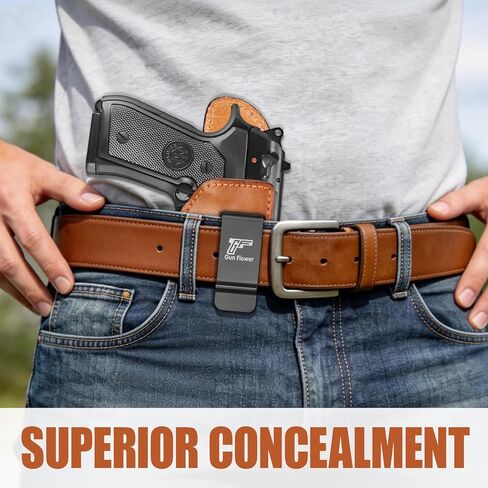 حافظة جلدية GUN & FLOWER IWB لـ Beratta 92FS/ 96 / M9 (بدون سكة)، قطع بصري، حامل مخفي داخل حزام الخصر، يناسب أحزمة مقاس 1.5 بوصة - 1.75 بوصة، Adj. الاحتفاظ، براون، اليد اليمنى in Kuwait
