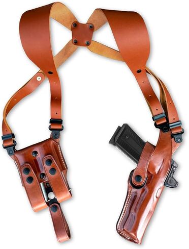 نظام حافظة كتف عمودية من الجلد الفاخر متوافق مع Optic Ready/Red Dot مع حامل مجلة مزدوج - يناسب برميل P227 45ACP 4.4 بوصة، رسم RH، بني #1143# in Kuwait
