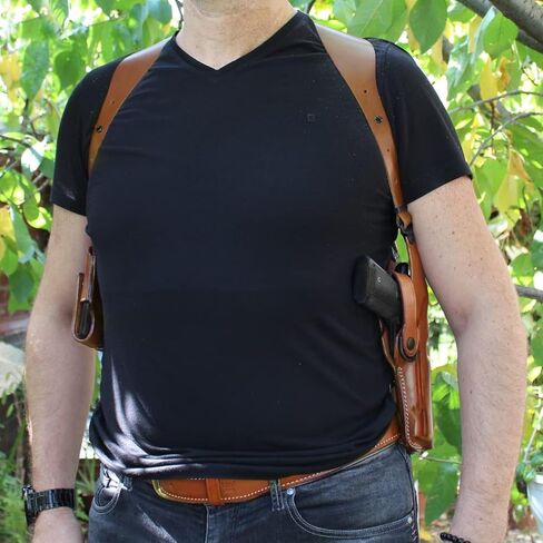 نظام حافظة كتف عمودية من الجلد الفاخر متوافق مع Optic Ready/Red Dot مع حامل مجلة مزدوج - يناسب برميل P227 45ACP 4.4 بوصة، رسم RH، بني #1143# in Kuwait