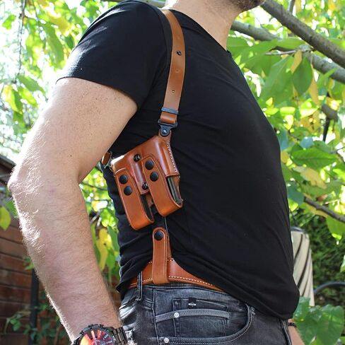 نظام حافظة كتف عمودية من الجلد الفاخر متوافق مع Optic Ready/Red Dot مع حامل مجلة مزدوج - يناسب برميل P227 45ACP 4.4 بوصة، رسم RH، بني #1143# in Kuwait