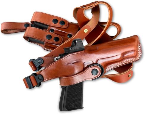 نظام حافظة كتف عمودية من الجلد الفاخر متوافق مع Optic Ready/Red Dot مع حامل مجلة مزدوج - يناسب برميل P227 45ACP 4.4 بوصة، رسم RH، بني #1143# in Kuwait