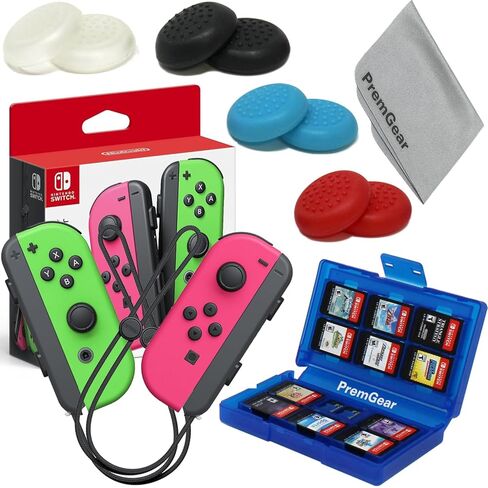 PremGear Neon Pink/Neon Green Joy-Con (L-R) لجهاز Nintendo Switch، مقابض الإبهام (8 عبوات - أسود، أزرق، أحمر وشفاف)، حامل بطاقات ألعاب 24 فتحة وقطعة قماش للتنظيف in Kuwait