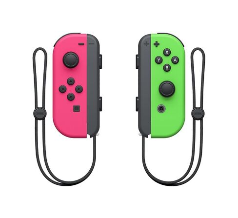 PremGear Neon Pink/Neon Green Joy-Con (L-R) لجهاز Nintendo Switch، مقابض الإبهام (8 عبوات - أسود، أزرق، أحمر وشفاف)، حامل بطاقات ألعاب 24 فتحة وقطعة قماش للتنظيف in Kuwait