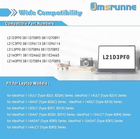 بطارية كمبيوتر محمول L21D3PF0 L21M3PF0 متوافقة مع IdeaPad 1-14IJL7 1-14IAU7 1-15IAU7 1-14ADA7 1-14ALC7 1-14IGL7 1-15ADA7 1-15ALC7 1-15IJL7 1-15IGL7 Series L21L3PF0 L21C3PF0 L21M3PF1 42 واط ساعة in Kuwait