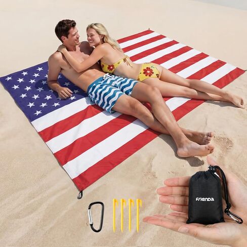 Frienda American Flag Pocket Picnic Mat with Storage Bag Sandproof Waterproof Foldable Beach Camping Mat 50" x 60" Patriotic Red White Blue Outdoor Blanket for Hiking Camping Travel Beach Park in Kuwait