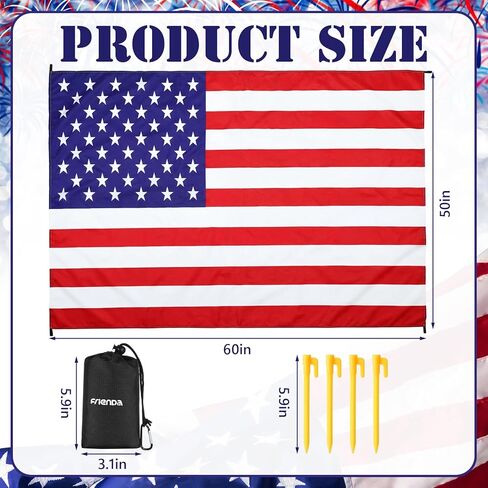 Frienda American Flag Pocket Picnic Mat with Storage Bag Sandproof Waterproof Foldable Beach Camping Mat 50" x 60" Patriotic Red White Blue Outdoor Blanket for Hiking Camping Travel Beach Park in Kuwait