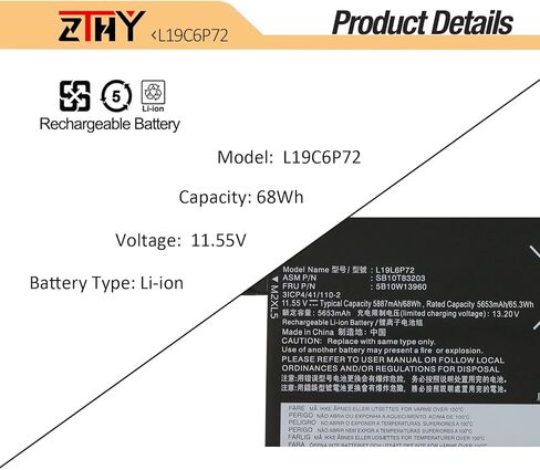 استبدال بطارية الكمبيوتر المحمول 68Wh L19C6P72 لجهاز Lenovo ThinkPad P15V Gen 1، P15V Gen 2، P15V Gen 3، T15P Gen 1، T15P Gen 2، T15P Gen 3 Series L19L6P72 SB10T83204 5B10W13960 5B10W13961 11.55V 5887 مللي أمبير in Kuwait