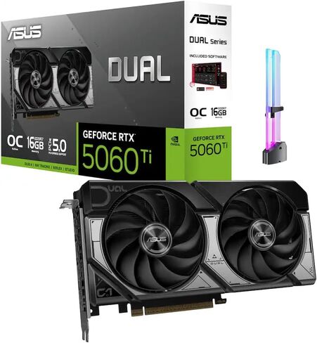 ASUS Dual GeForce RTX 5060 Ti OC 16GB GDDR7 GPU، PCIe 5.0، HDMI 2.1b، 3X DP، 4K Gaming and Streaming، Creator، إنشاء AI، تحرير الفيديو، عرض ثلاثي الأبعاد، AI محلي، مع حامل GPU in Kuwait