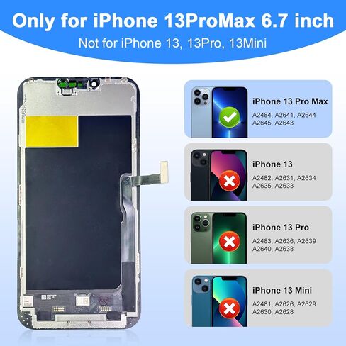 استبدال شاشة iPhone 13 Pro Max LCD مقاس 6.7 بوصة - مجموعة محول رقمي لشاشة تعمل باللمس مع مجموعة أدوات إصلاح كاملة، متوافقة تمامًا مع موديلات iPhone 13 Pro Max (A2644، A2645، A2646، A2648) in Kuwait