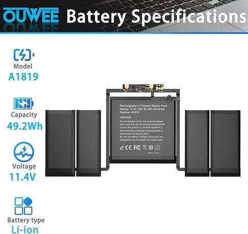 بطارية كمبيوتر محمول A1819 A1706 متوافقة مع ماك بوك برو 13 بوصة A1706 أواخر 2016 منتصف 2017، EMC 3071، EMC 3163 Series MLH12LL/A MPXV2LL/A MLVP2LL/A MNQF2LL/A MNQG2LL/A 49.2 وات في الساعة 4314 مللي أمبير في الساعة 11.4 فولت in Kuwait