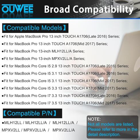 بطارية كمبيوتر محمول A1819 A1706 متوافقة مع ماك بوك برو 13 بوصة A1706 أواخر 2016 منتصف 2017، EMC 3071، EMC 3163 Series MLH12LL/A MPXV2LL/A MLVP2LL/A MNQF2LL/A MNQG2LL/A 49.2 وات في الساعة 4314 مللي أمبير في الساعة 11.4 فولت in Kuwait