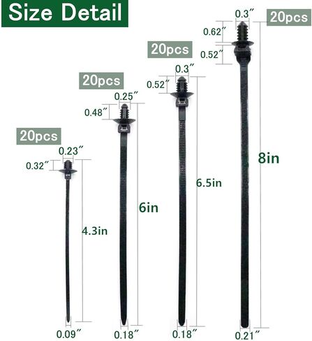 Push Mount Zip Ties Assorted Sizes, 4-Types Black Nylon Push Mount Cable Ties for Automotive, Indoor wiring harness management (80pcs) in Saudi Arabia