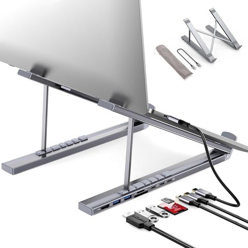 حامل كمبيوتر محمول بقاعدة إرساء USB-C، حامل كمبيوتر لوحي قابل للطي بمحور USB C 8 في 1 مع HDMI 4K، USB 3.0، PD 100W، بطاقة SD/TF، ​​محطة إرساء عالمية لأجهزة MacBook/MacBook Pro/MacBook Air in Kuwait
