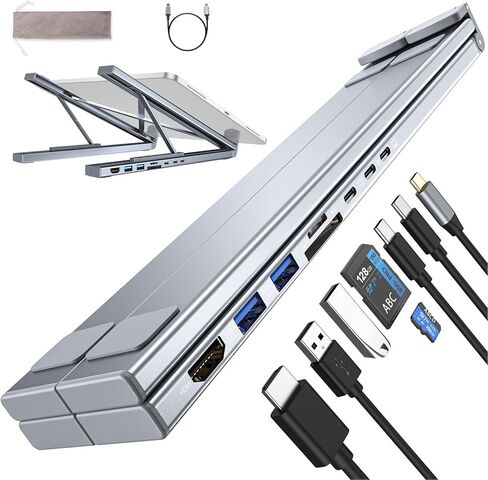 حامل كمبيوتر محمول بقاعدة إرساء USB-C، حامل كمبيوتر لوحي قابل للطي بمحور USB C 8 في 1 مع HDMI 4K، USB 3.0، PD 100W، بطاقة SD/TF، ​​محطة إرساء عالمية لأجهزة MacBook/MacBook Pro/MacBook Air in Kuwait
