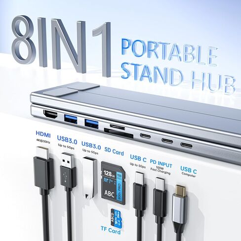 حامل كمبيوتر محمول بقاعدة إرساء USB-C، حامل كمبيوتر لوحي قابل للطي بمحور USB C 8 في 1 مع HDMI 4K، USB 3.0، PD 100W، بطاقة SD/TF، ​​محطة إرساء عالمية لأجهزة MacBook/MacBook Pro/MacBook Air in Kuwait