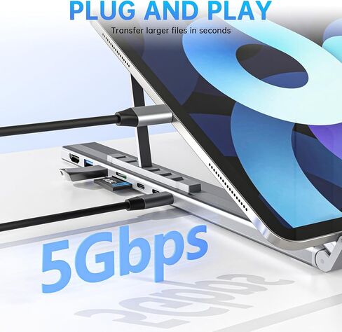 حامل كمبيوتر محمول بقاعدة إرساء USB-C، حامل كمبيوتر لوحي قابل للطي بمحور USB C 8 في 1 مع HDMI 4K، USB 3.0، PD 100W، بطاقة SD/TF، ​​محطة إرساء عالمية لأجهزة MacBook/MacBook Pro/MacBook Air in Kuwait