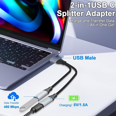 كابل مقسم USB-C، كابل محول USB 2.0 ذكر إلى مزدوج أنثى من النوع C، كابل شحن USB A إلى منفذ مزدوج من النوع C للشحن والبيانات للهاتف والكمبيوتر اللوحي والكمبيوتر المحمول - 17 سم/6.6 بوصة in Kuwait