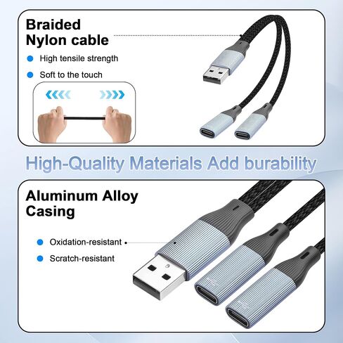 كابل مقسم USB-C، كابل محول USB 2.0 ذكر إلى مزدوج أنثى من النوع C، كابل شحن USB A إلى منفذ مزدوج من النوع C للشحن والبيانات للهاتف والكمبيوتر اللوحي والكمبيوتر المحمول - 17 سم/6.6 بوصة in Kuwait