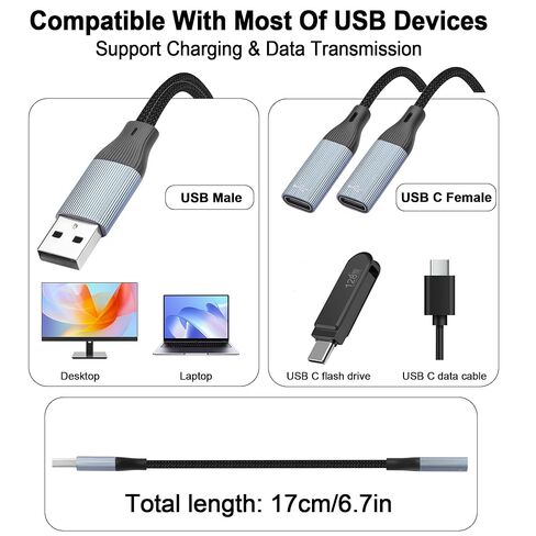 كابل مقسم USB-C، كابل محول USB 2.0 ذكر إلى مزدوج أنثى من النوع C، كابل شحن USB A إلى منفذ مزدوج من النوع C للشحن والبيانات للهاتف والكمبيوتر اللوحي والكمبيوتر المحمول - 17 سم/6.6 بوصة in Kuwait