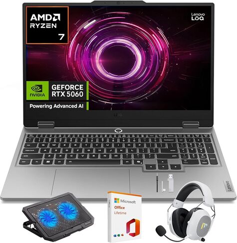 كمبيوتر محمول للألعاب Lenovo LOQ، شاشة 15.6 بوصة FHD 144 هرتز، AMD Ryzen 7 250، NVIDIA GeForce RTX 5060، ذاكرة وصول عشوائي 16 جيجابايت، 512 جيجابايت SSD، Wi-Fi 6، لوحة مفاتيح بإضاءة خلفية، Win 11 Home، Luna Grey، مع ملحقات Mytrix Lifetime Office in Kuwait