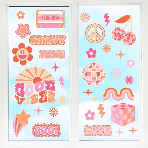 Yovkky Groovy Boho Window Clings 4 Sheets, Retro Hippie Good Vibes Peace Love Disco Audio Cassette Stickers Decals Decor, Vintage Hippy Cool 60s 70s Flowers Rainbow Home Kitchen Decorations in Saudi Arabia